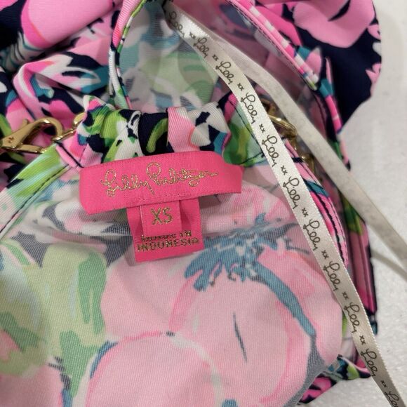Lilly Pulitzer Bowen Top High Tide Navy XS Gold Chain Halter Pink Tropical Flora - Picture 9 of 9
